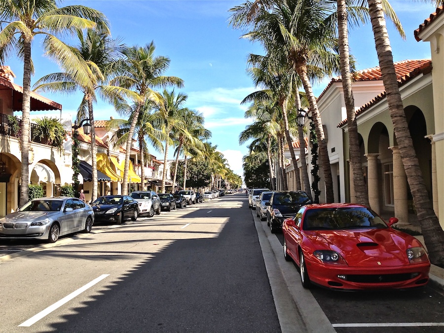 Beverly Hills luxury streetscape with palm trees and shops