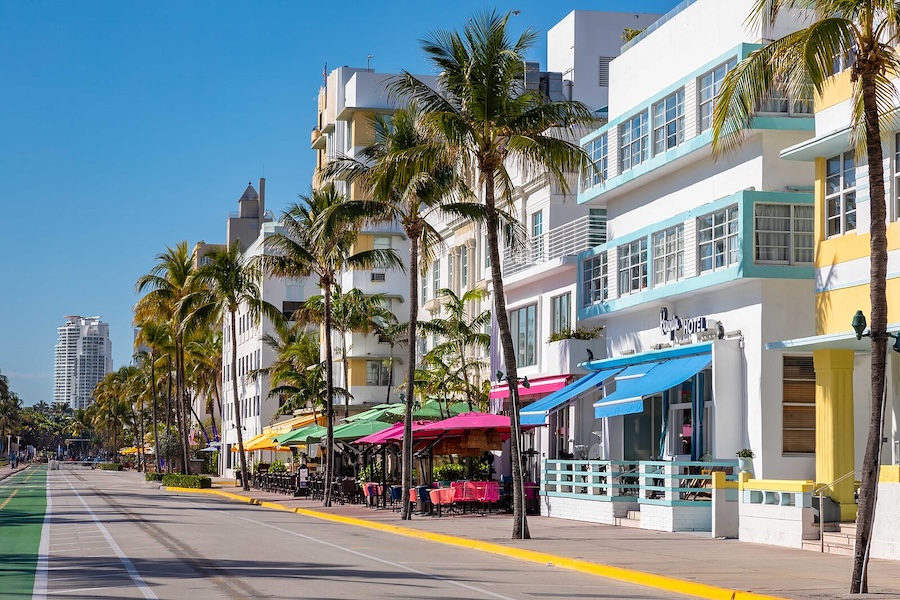 Beverly Hills luxury streetscape with palm trees and shops